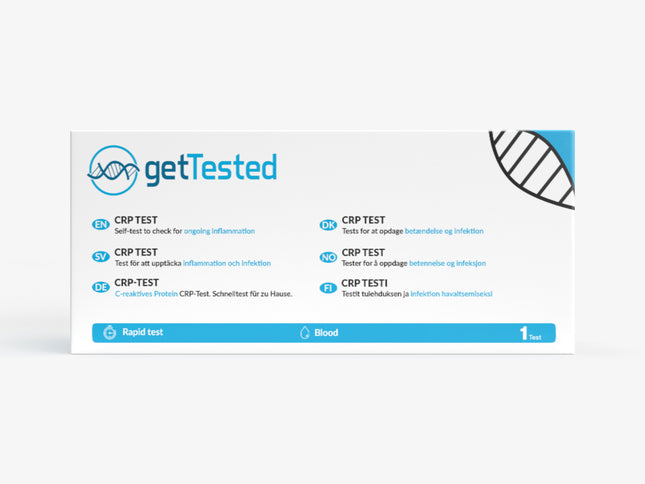 CRP-Test-Kit mit Anleitung, Sicherheitsnadel und Testkassette auf weißem Hintergrund.