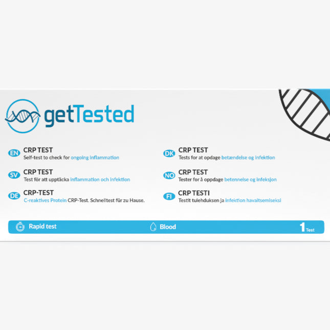 CRP-Test-Kit mit Anleitung, Sicherheitsnadel und Testkassette auf weißem Hintergrund.