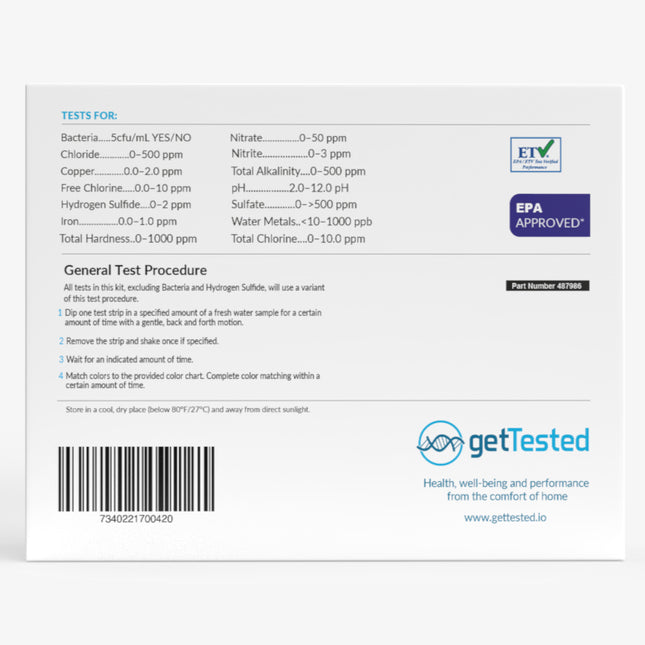 Rückseite Test der Wasserqualität mit Testanleitung, Spezifikationen und Barcode auf weißem Hintergrund.