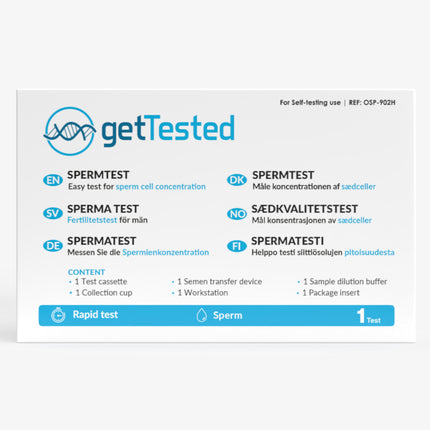 Anleitung für Spermatest mit Schritt-für-Schritt-Erklärung und blaublauem Design.