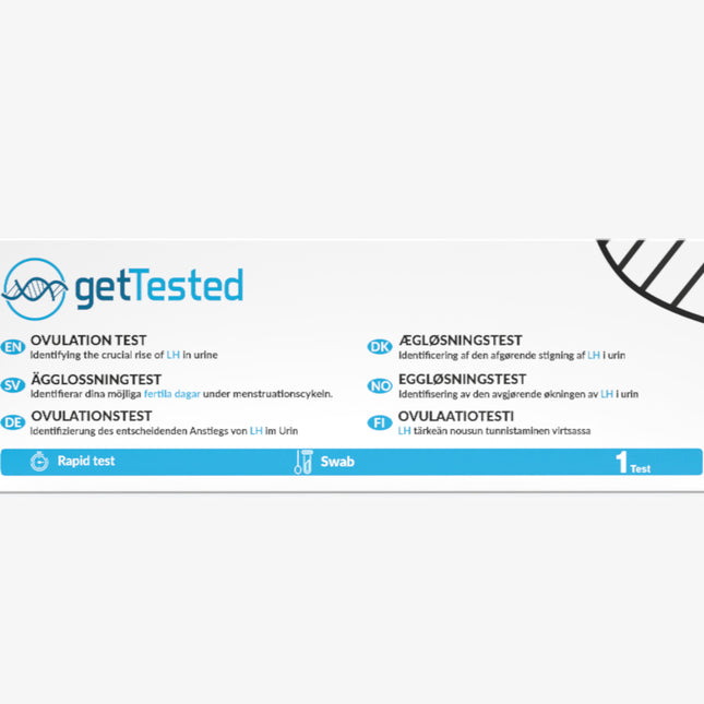Ovulationstest 5er-Pack Verpackung mit blauem und weißem Design und Diagnosetestsymbolen.
