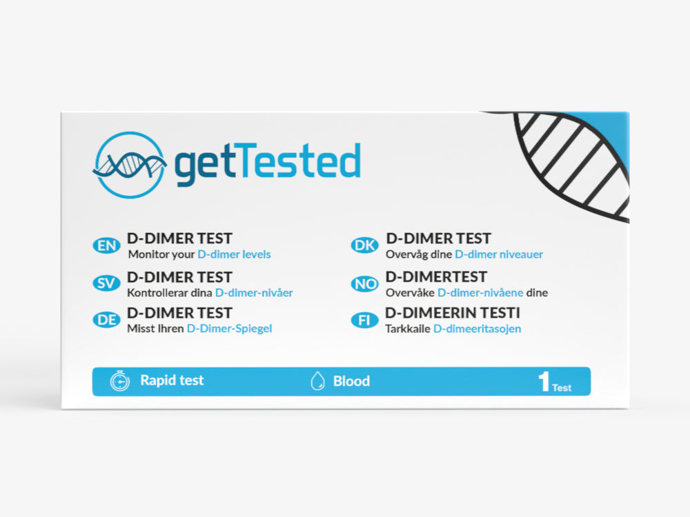 D-Dimer-Testkit mit blauer und weißer Verpackung und diagnostischen Symbolen.