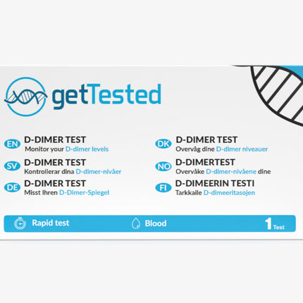 D-Dimer-Testkit mit blauer und weißer Verpackung und diagnostischen Symbolen.