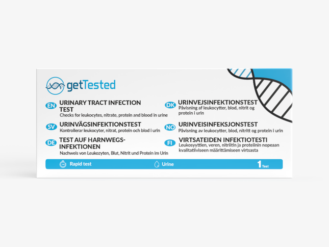 Urin-Teststreifen zur schnellen Erkennung von Harnwegsinfektionen mit blauen und weißen Details.