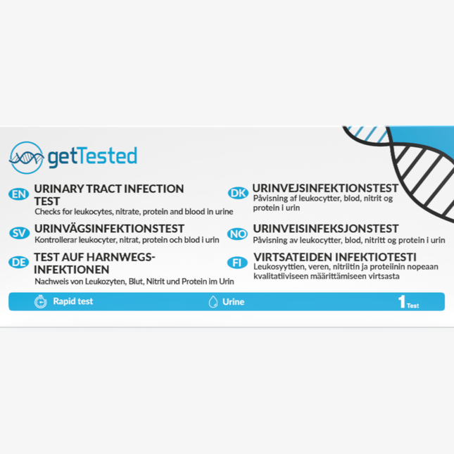 Urin-Teststreifen zur schnellen Erkennung von Harnwegsinfektionen mit blauen und weißen Details.