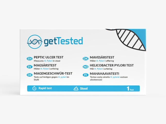 H. pylori Schnelltest-Kit mit blauer Verpackung und Anleitung auf weißem Hintergrund.
