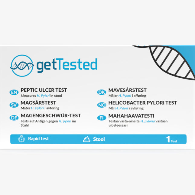 H. pylori Schnelltest-Kit mit blauer Verpackung und Anleitung auf weißem Hintergrund.