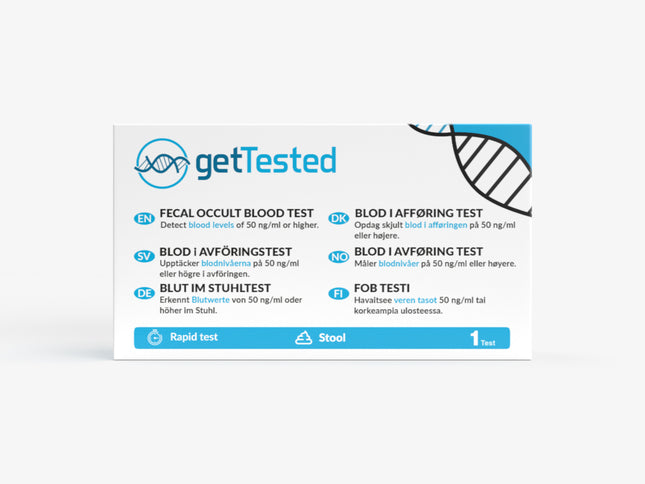 Testkit für okkultes Blut im Stuhl mit klaren Anweisungen und blau-weißer Verpackung.