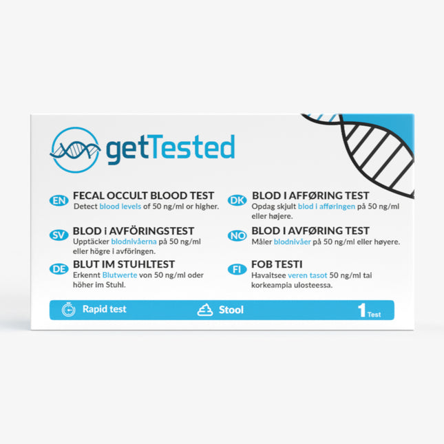 Testkit für okkultes Blut im Stuhl mit klaren Anweisungen und blau-weißer Verpackung.