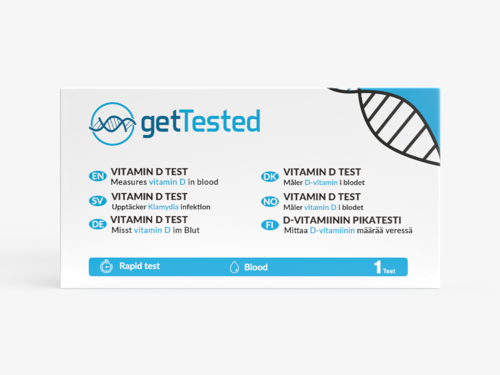 Vitamin D-Testkit in weißer Verpackung mit getTested Logo und blauen Designelementen.