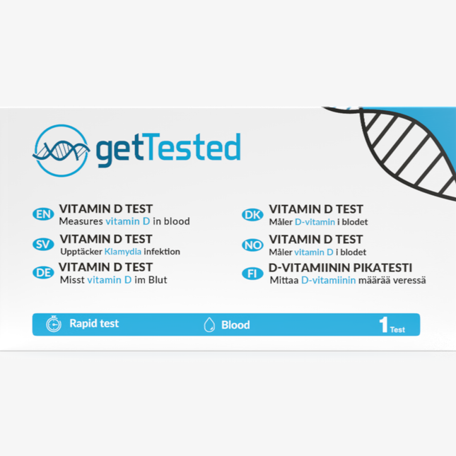 Vitamin D-Testkit in weißer Verpackung mit getTested Logo und blauen Designelementen.