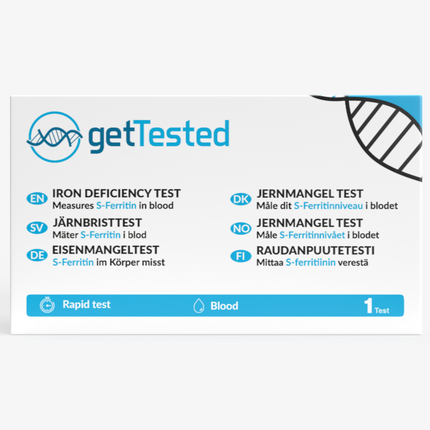Testkit-Verpackung für Eisenmangeltest mit blauem und weißem Design, Text in mehreren Sprachen.