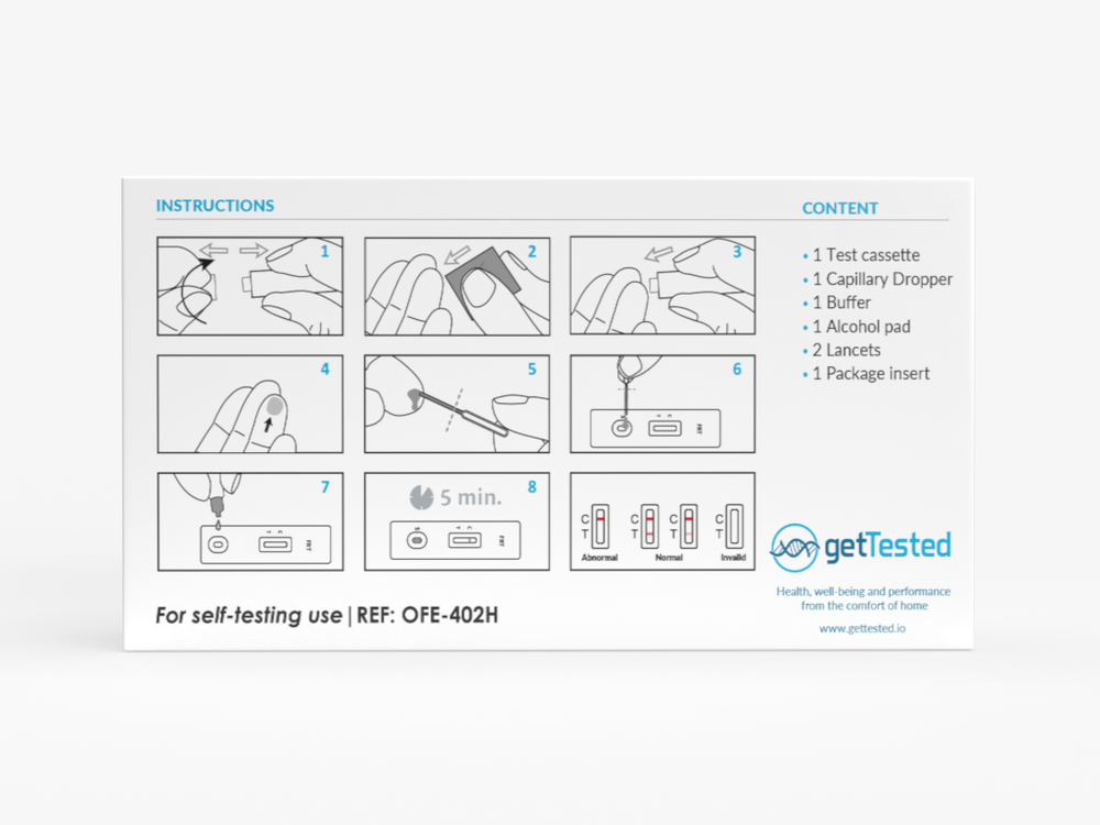 Anleitung für Eisenmangeltest mit Schritt-für-Schritt-Bildern und enthaltenen Testmaterialien.