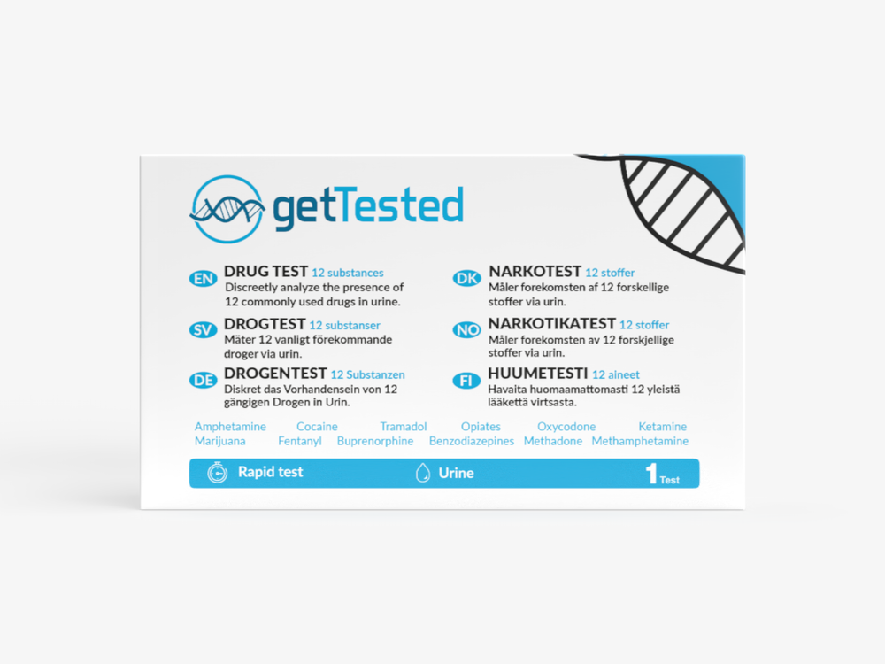 Drug-Test-Kit für 12 Substanzen mit blau-weißem Design und getTested-Logo.