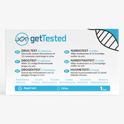 Drug-Test-Kit für 12 Substanzen mit blau-weißem Design und getTested-Logo.