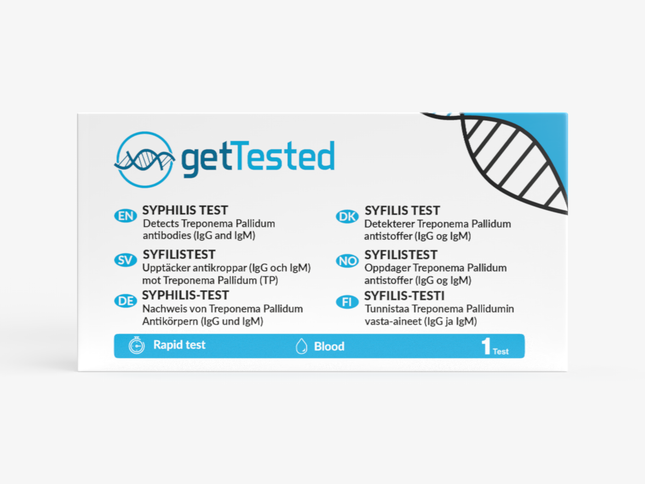Syphilis-Testkit mit blauer und weißer Verpackung und getestet in einem Schritt.