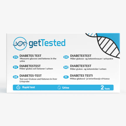 Diabetes-Test-Kit für Ketone und Glukose mit blauer und weißer Verpackung, 2 Stück.