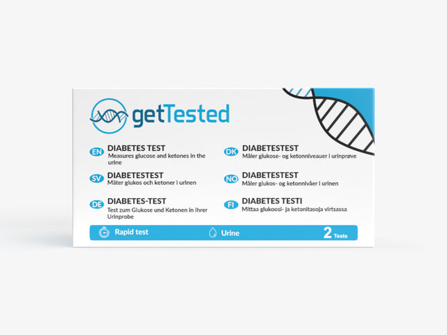 Diabetes-Test-Kit für Ketone und Glukose mit blauer und weißer Verpackung, 2 Stück.