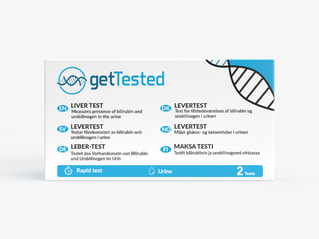 Lebertest-Kit mit blauer und schwarzer Beschriftung, DNA-Helix-Illustration, enthält 2 Tests.
