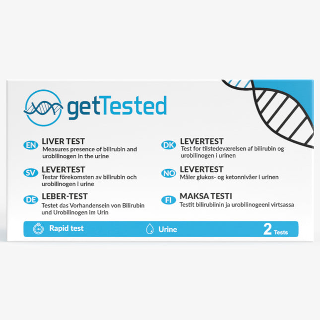 Lebertest-Kit mit blauer und schwarzer Beschriftung, DNA-Helix-Illustration, enthält 2 Tests.