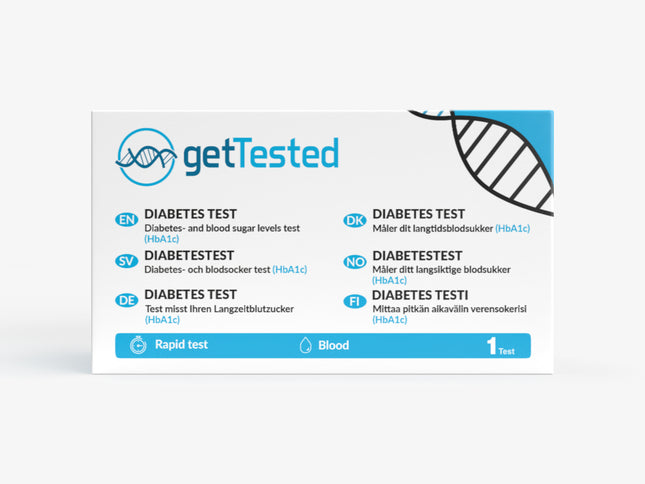 Diabetes HbA1c-Testkit mit Instrumenten für Blutanalyse in weiß-blauer Verpackung.