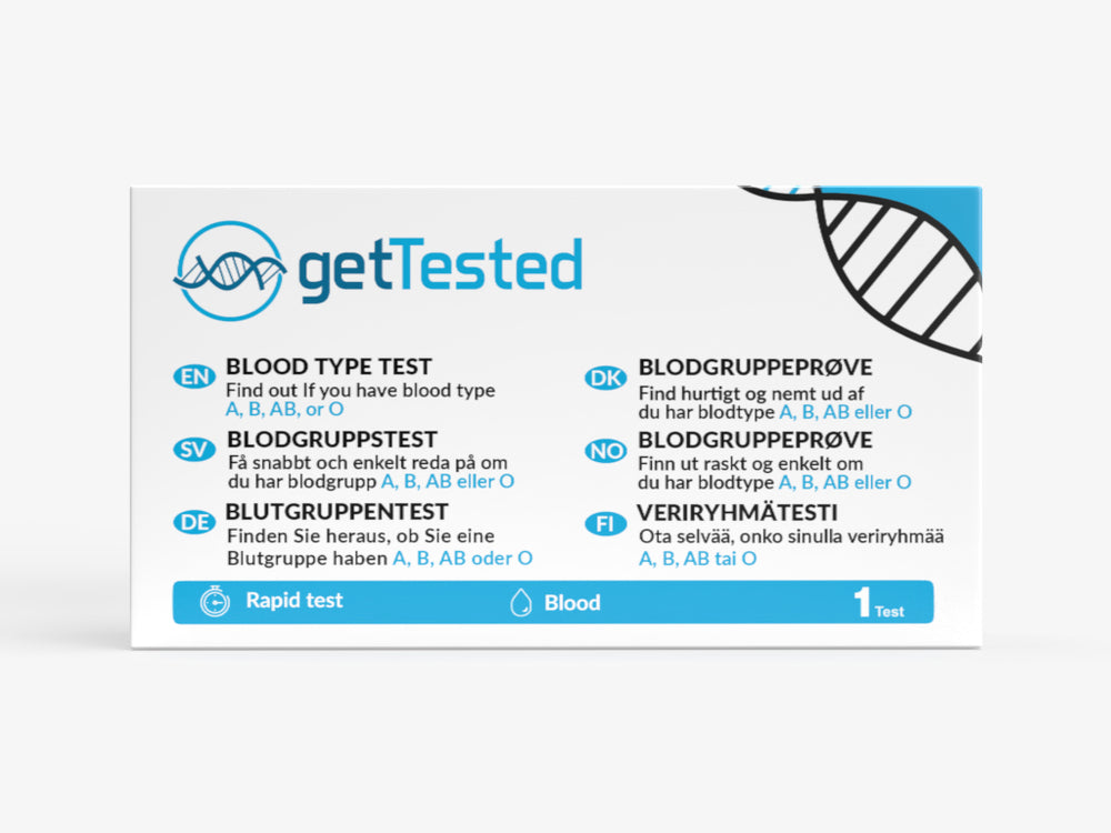 Weiße Verpackung mit blauem Schriftzug "getTested" und Symbolen, Blutgruppentest-Kit mit Infos zu Bluttyptest und Ablauf.