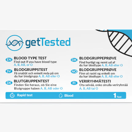 Weiße Verpackung mit blauem Schriftzug "getTested" und Symbolen, Blutgruppentest-Kit mit Infos zu Bluttyptest und Ablauf.