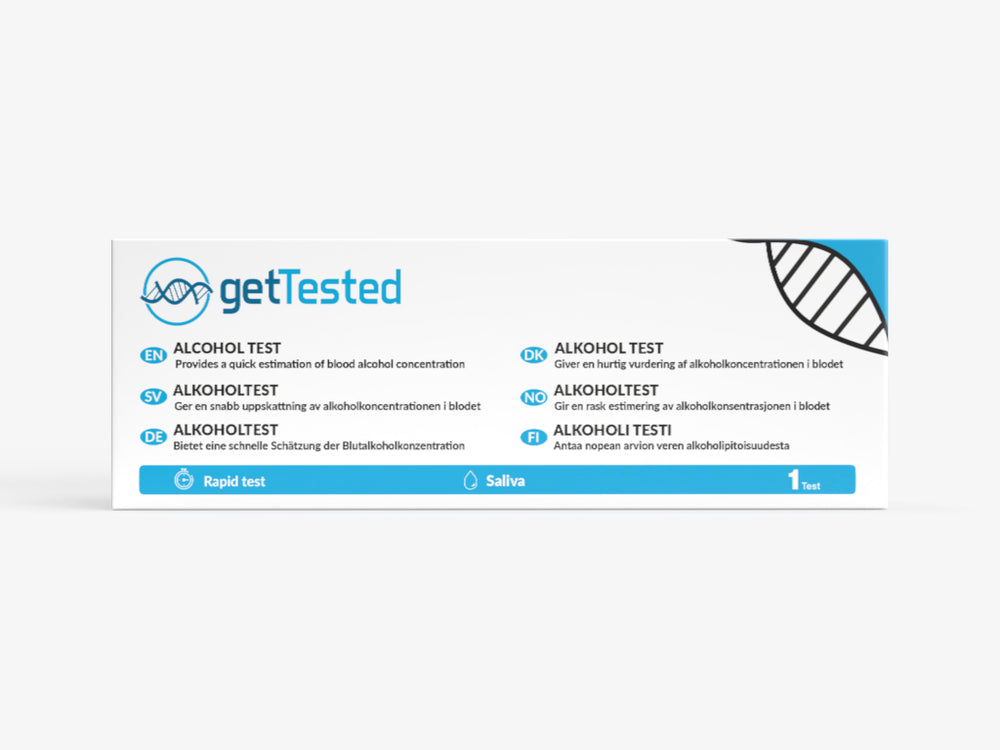 Alkohol-Speicheltest-Kit mit blauem und weißem Design und Gebrauchsanleitung.