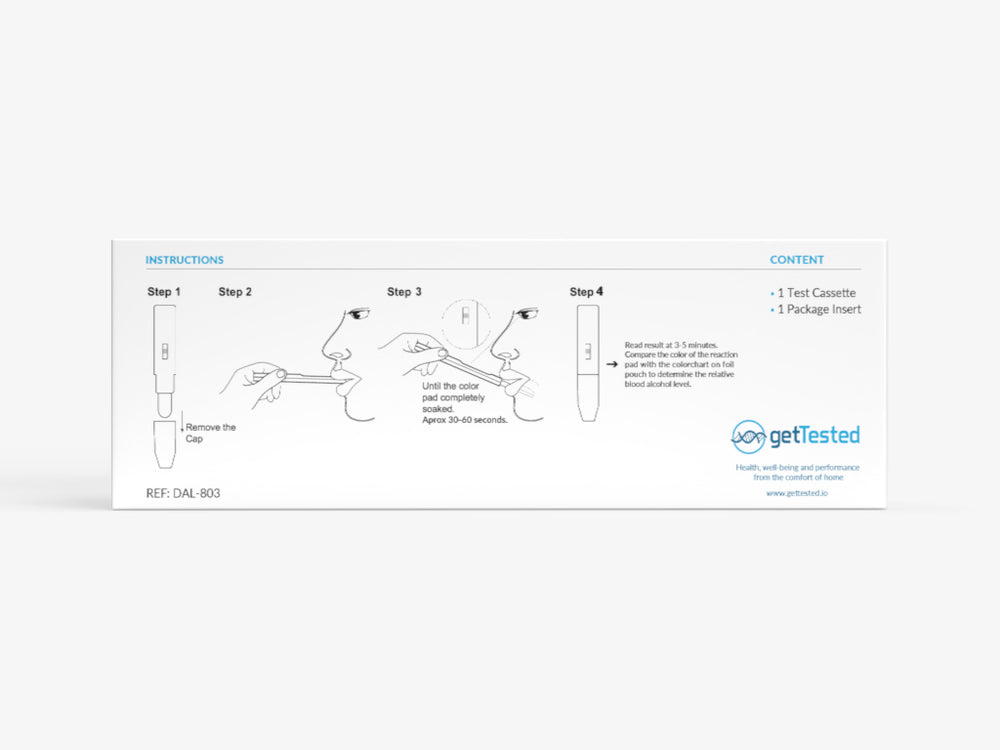 Weiße Verpackung mit Anleitung für Alkohol-Speicheltest und vier Schritten zur Anwendung.