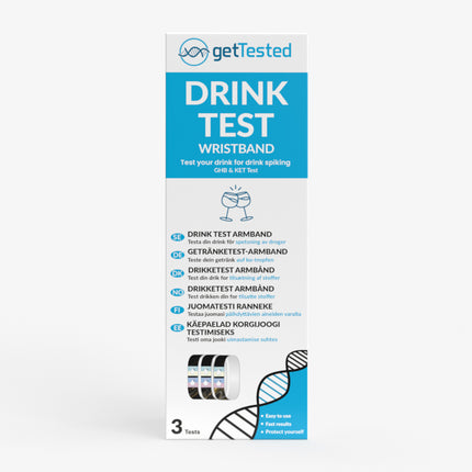Weißes Getränketest-Armband mit blauer Infokarte und schwarzer DNA-Grafik.