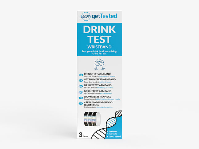 Weißes Getränketest-Armband mit blauer Infokarte und schwarzer DNA-Grafik.