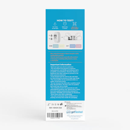 Getränketest-Armband Anleitung mit Grafiken und Text auf blauem Hintergrund.