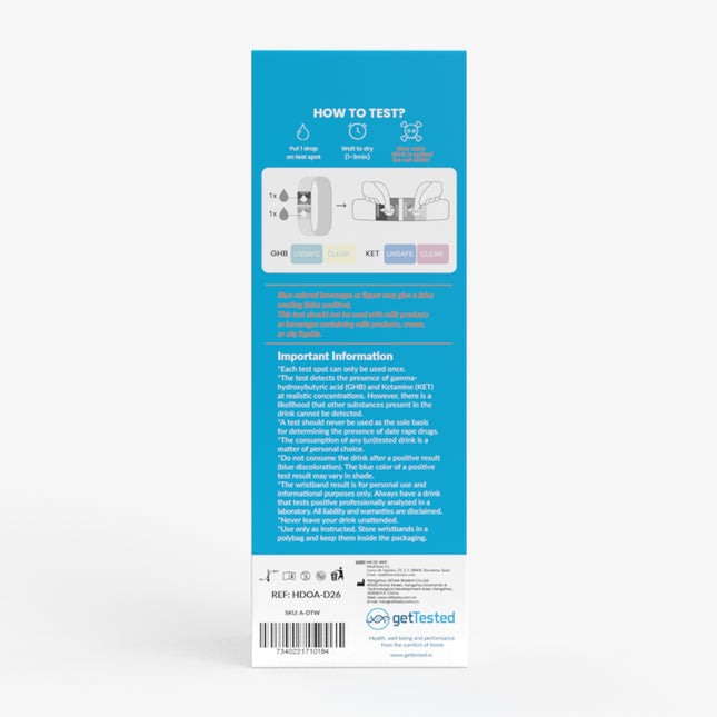 Getränketest-Armband Anleitung mit Grafiken und Text auf blauem Hintergrund.