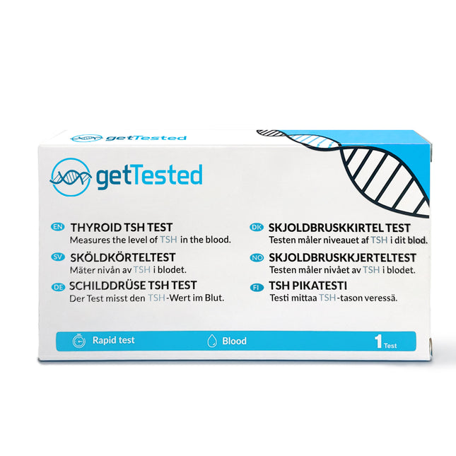 Weiß-blaues Testkit für TSH-Test der Schilddrüse mit DNA-Helix-Grafik und mehrsprachigem Text.