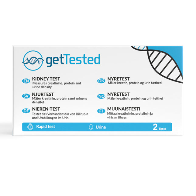 Weißer GetTested Urintestkarton mit blauer Beschriftung, Testübersicht und DNA-Motiv.