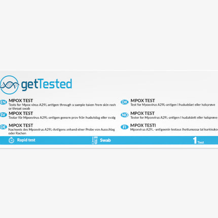 Verpackung eines „getTested“ MPOX-Tests zum Nachweis des Mpoxvirus A29L-Antigens. Oben links das „getTested“-Logo mit DNA-Symbol. Die Beschreibung des Tests ist in sechs Sprachen (Englisch, Schwedisch, Deutsch, Dänisch, Norwegisch, Finnisch) angegeben. In allen Sprachen wird erklärt, dass das Antigen aus einem Abstrich von Hautausschlag oder Rachen nachgewiesen wird. Unten ein blauer Balken mit Symbolen für „Schnelltest“ und „Abstrich“ sowie der Angabe „1 Test“.
