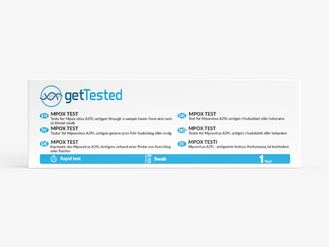 Verpackung eines „getTested“ MPOX-Tests zum Nachweis des Mpoxvirus A29L-Antigens. Oben links das „getTested“-Logo mit DNA-Symbol. Die Beschreibung des Tests ist in sechs Sprachen (Englisch, Schwedisch, Deutsch, Dänisch, Norwegisch, Finnisch) angegeben. In allen Sprachen wird erklärt, dass das Antigen aus einem Abstrich von Hautausschlag oder Rachen nachgewiesen wird. Unten ein blauer Balken mit Symbolen für „Schnelltest“ und „Abstrich“ sowie der Angabe „1 Test“.