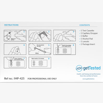 Anleitung zur Durchführung eines Mycoplasma-Testkits von „getTested“. Links oben acht nummerierte Zeichnungen mit Schritt-für-Schritt-Anleitung: 1) Kappe drehen und entfernen, 2) Finger mit Alkoholtupfer desinfizieren, 3) Finger mit Lanzette stechen, 4) Blutstropfen ausdrücken, 5) Kapillarröhrchen bis zur Markierung füllen, 6) Probe in die Vertiefung der Testkassette geben, 7) je zwei Tropfen Pufferlösung hinzufügen, 8) Ergebnis nach 10 Minuten ablesen. Rechts oben Liste des Packungsinhalts: Testkassette, K