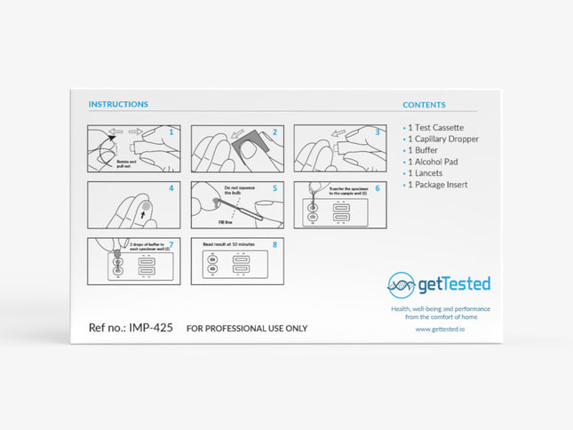 Anleitung zur Durchführung eines Mycoplasma-Testkits von „getTested“. Links oben acht nummerierte Zeichnungen mit Schritt-für-Schritt-Anleitung: 1) Kappe drehen und entfernen, 2) Finger mit Alkoholtupfer desinfizieren, 3) Finger mit Lanzette stechen, 4) Blutstropfen ausdrücken, 5) Kapillarröhrchen bis zur Markierung füllen, 6) Probe in die Vertiefung der Testkassette geben, 7) je zwei Tropfen Pufferlösung hinzufügen, 8) Ergebnis nach 10 Minuten ablesen. Rechts oben Liste des Packungsinhalts: Testkassette, K