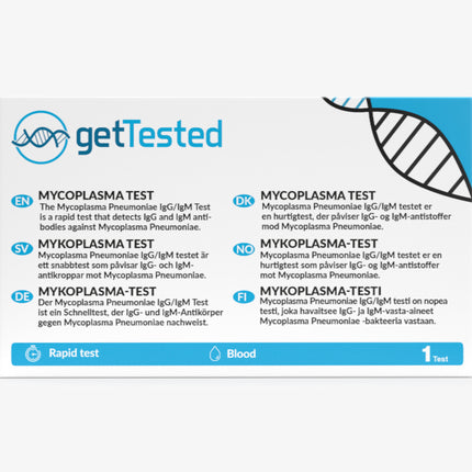 Verpackung eines „getTested“ Mycoplasma Pneumoniae IgG/IgM-Tests. Oben links das „getTested“-Logo mit DNA-Symbol. Die Beschriftung erklärt in sieben Sprachen (Englisch, Schwedisch, Deutsch, Dänisch, Norwegisch, Finnisch), dass es sich um einen Schnelltest handelt, der IgG- und IgM-Antikörper gegen Mycoplasma Pneumoniae im Blut nachweist. Unten Piktogramme: „Rapid test“, „Blood“ und „1 Test“. Rechts oben ein stilisiertes DNA-Segment auf blauem Hintergrund.