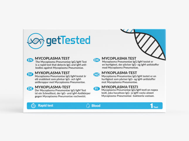 Verpackung eines „getTested“ Mycoplasma Pneumoniae IgG/IgM-Tests. Oben links das „getTested“-Logo mit DNA-Symbol. Die Beschriftung erklärt in sieben Sprachen (Englisch, Schwedisch, Deutsch, Dänisch, Norwegisch, Finnisch), dass es sich um einen Schnelltest handelt, der IgG- und IgM-Antikörper gegen Mycoplasma Pneumoniae im Blut nachweist. Unten Piktogramme: „Rapid test“, „Blood“ und „1 Test“. Rechts oben ein stilisiertes DNA-Segment auf blauem Hintergrund.
